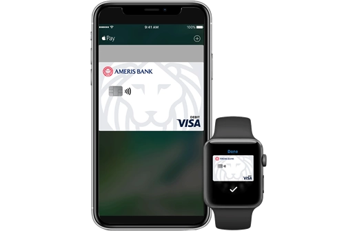 iPhone and Apple Watch with Apple Pay on screen.